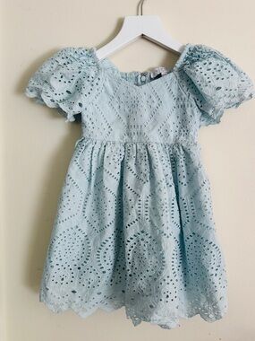 Girls Light Blue Eyelet Puff-Sleeve Dress